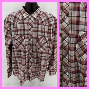 Vintage 70 BJ-R Western Pearl Snap Shirt Plaid Red Tan Disco Cowboy Distressed L
